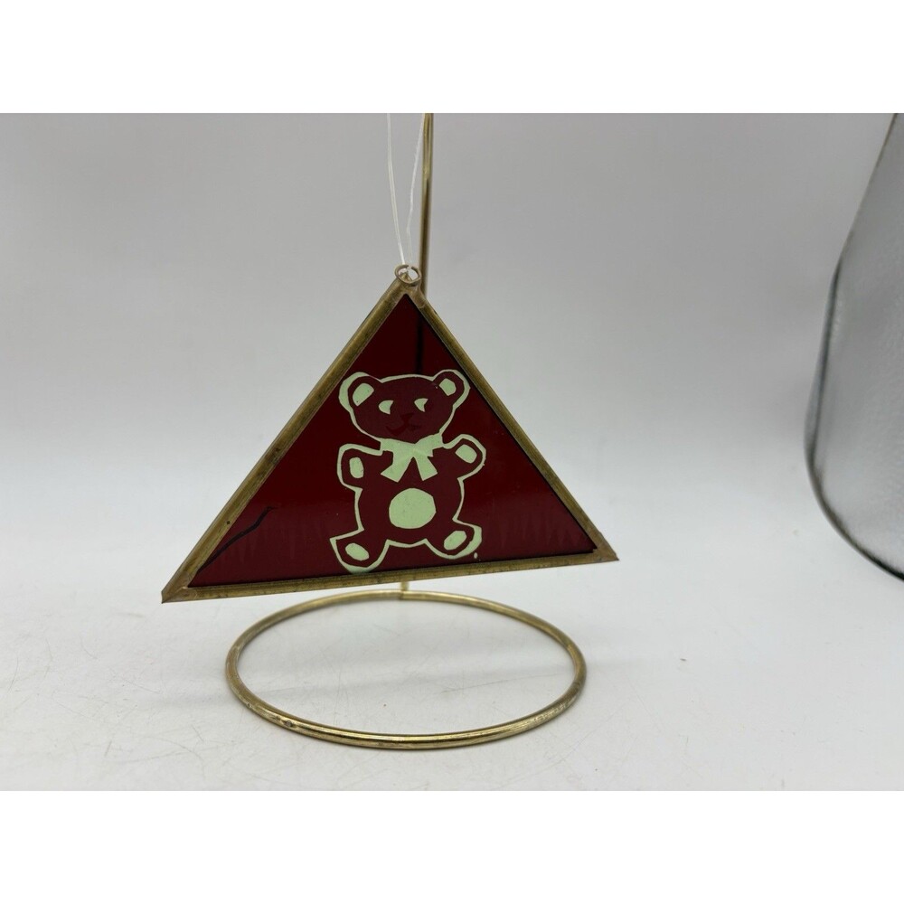 Vintage Stained Glass Teddy Bear Christmas Ornament Red Triangle Brass Frame
